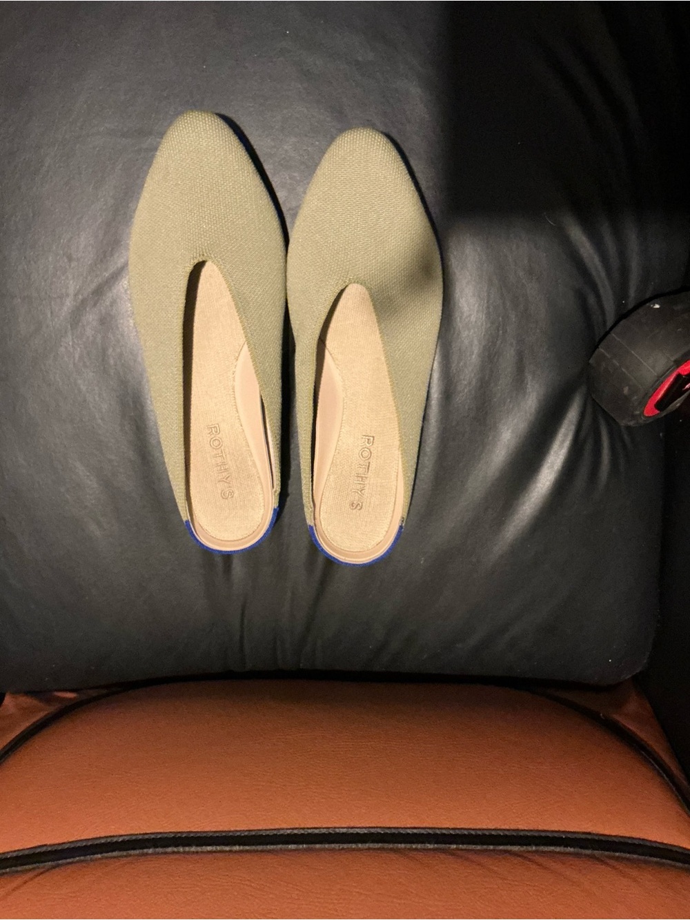 Rothy's Olive Knit Slip-On Flats with Blue Heel Trim